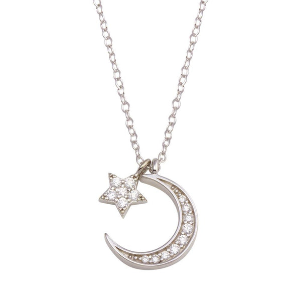 Silver 925 Rhodium Plated Dangling Flower Crescent CZ Necklace - STP01741 | Silver Palace Inc.