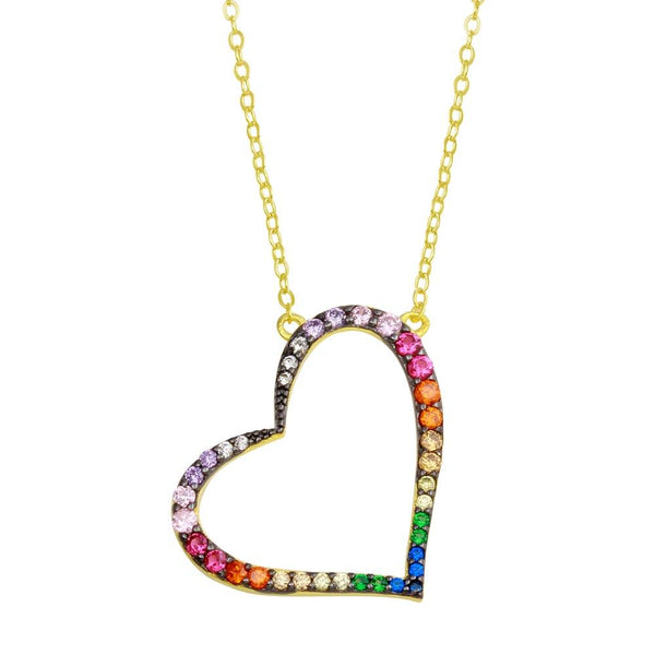 Silver 925 Gold Plated Multi Color CZ Slanted Heart Pendant Necklace - STP01742 | Silver Palace Inc.