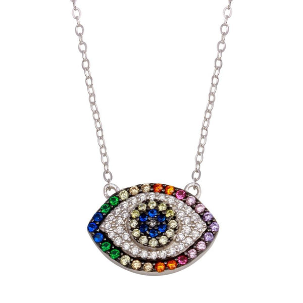 Silver 925 Rhodium Plated Rainbow Multi Color CZ Eye Necklace - STP01743 | Silver Palace Inc.
