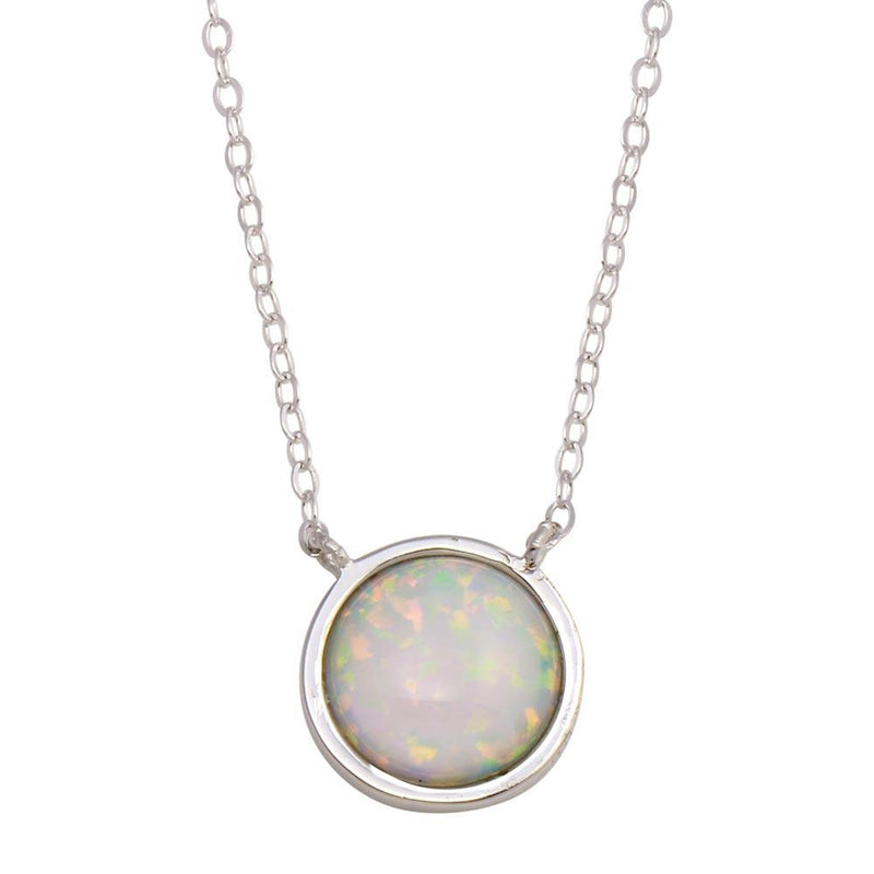 Silver 925 Rhodium Plated Disc Synthetic Opal Necklace with CZ - STP01744 | Silver Palace Inc.