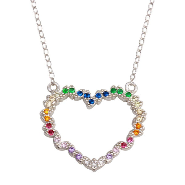 Silver 925 Rhodium Plated Rainbow Multi Color CZ Hearts Necklace - STP01745 | Silver Palace Inc.