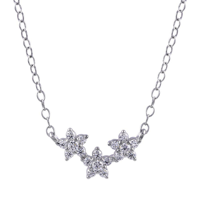 Rhodium Plated 925 Sterling Silver CZ Triple Flower Necklace - STP01755 | Silver Palace Inc.