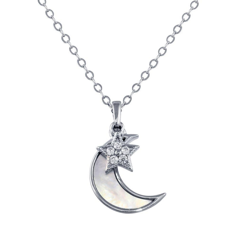 Rhodium Plated 925 Sterling Silver CZ Synthetic Mother of Pearl Star and Crescent Moon Necklace - STP01756 | Silver Palace Inc.