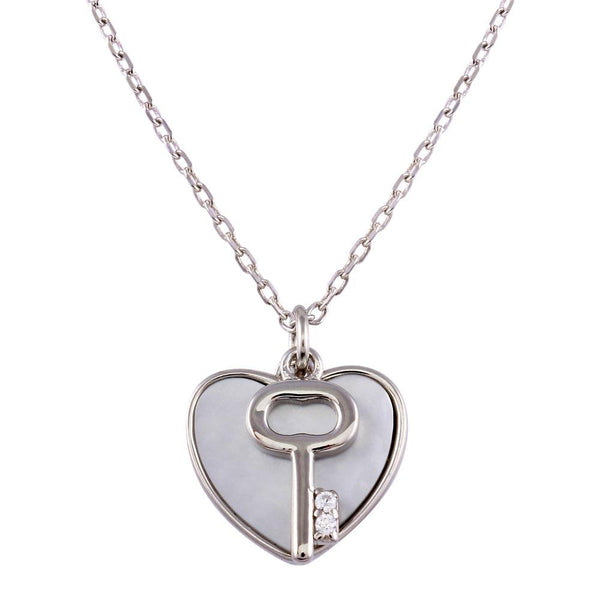 Rhodium Plated 925 Sterling Silver Key and Mother of Pearl Hearts Necklace - STP01757 | Silver Palace Inc.