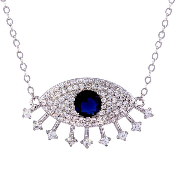 Rhodium Plated 925 Sterling Silver Large Evil Eye Pendant Necklace with Clear and Blue CZ - STP01758 | Silver Palace Inc.
