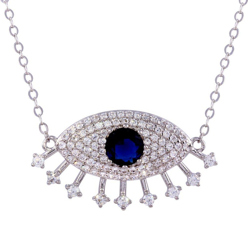 Rhodium Plated 925 Sterling Silver Large Evil Eye Pendant Necklace with Clear and Blue CZ - STP01758 | Silver Palace Inc.