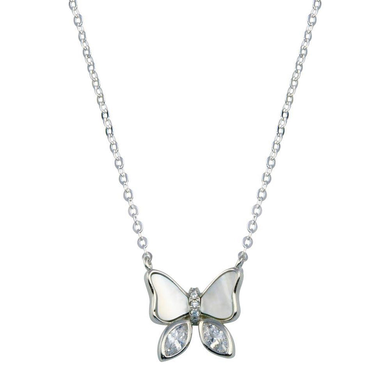 Silver 925 Rhodium Plated Butterfly CZ Mother of Pearl Necklace - STP01765 | Silver Palace Inc.
