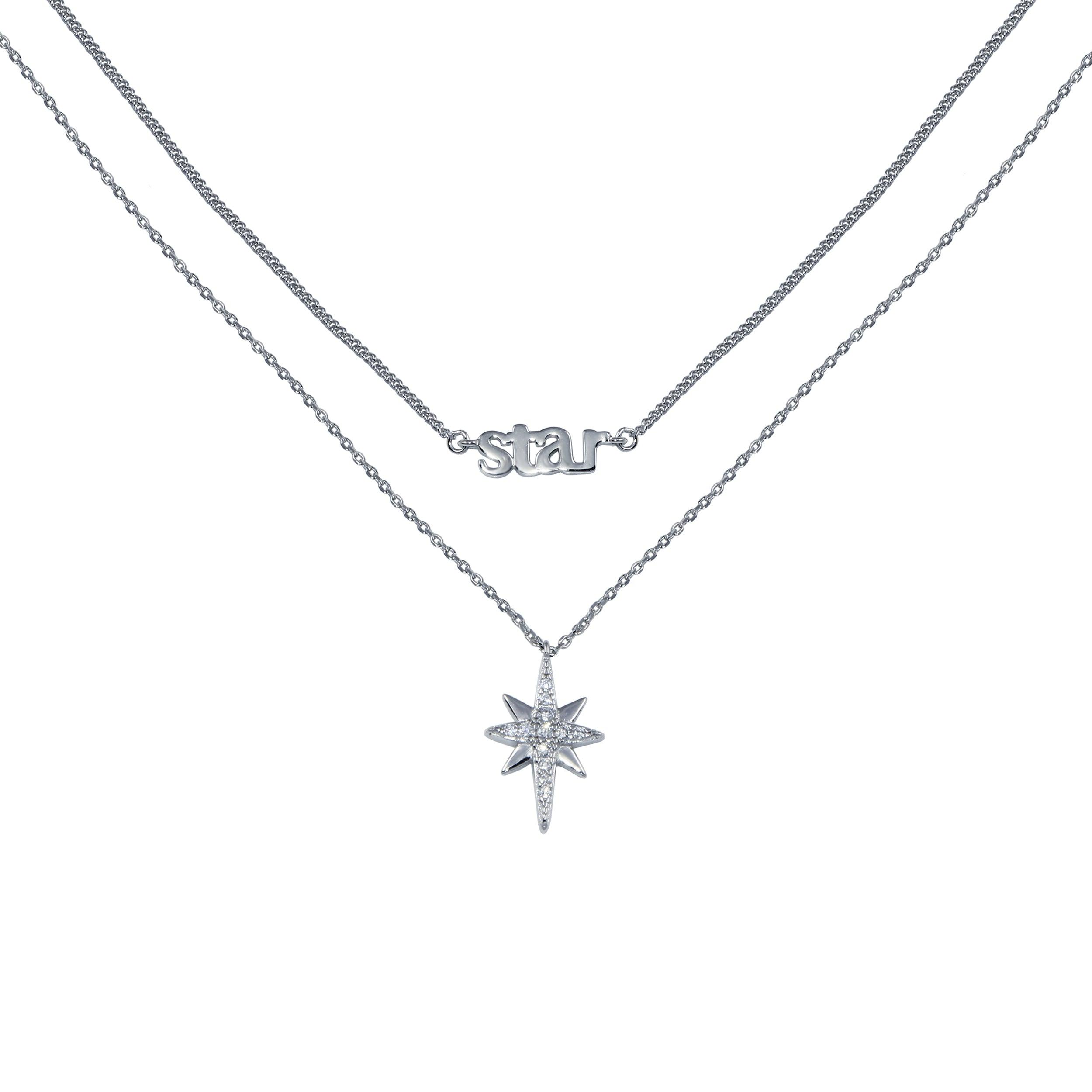 Rhodium Plated 925 Sterling Silver North Star CZ Dual Strand Necklace - STP01766 | Silver Palace Inc.