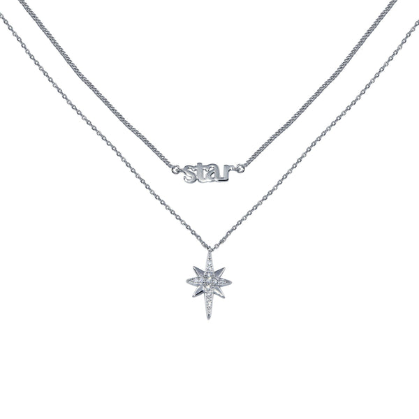 Rhodium Plated 925 Sterling Silver North Star CZ  Dual Strand Necklace - STP01766 | Silver Palace Inc.