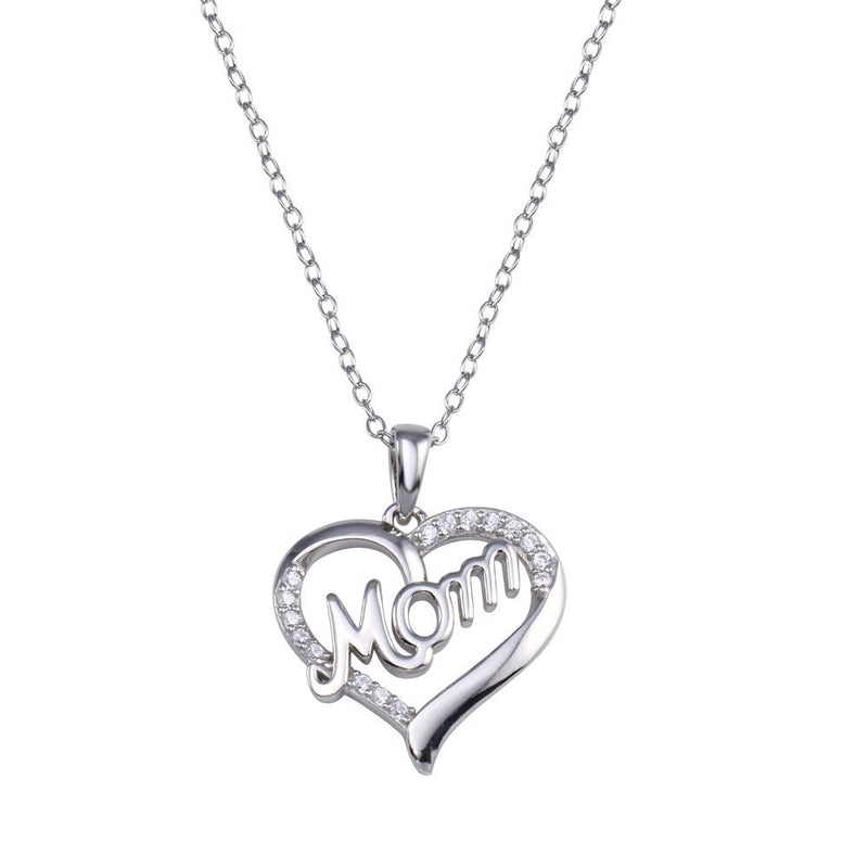 Silver 925 Rhodium Plated Clear CZ Heart MOM Necklace - STP01771 | Silver Palace Inc.