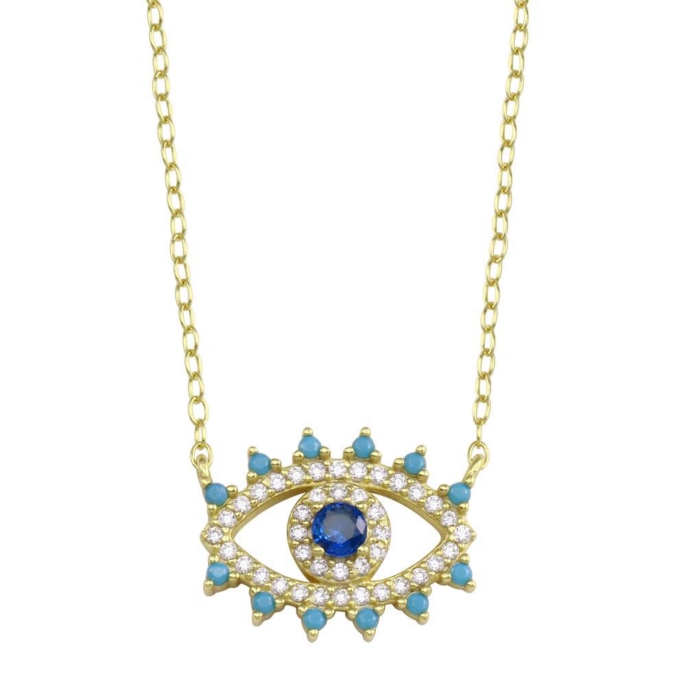 Silver 925 Gold Plated Evil Eye Blue CZ Necklace - STP01772GP | Silver Palace Inc.