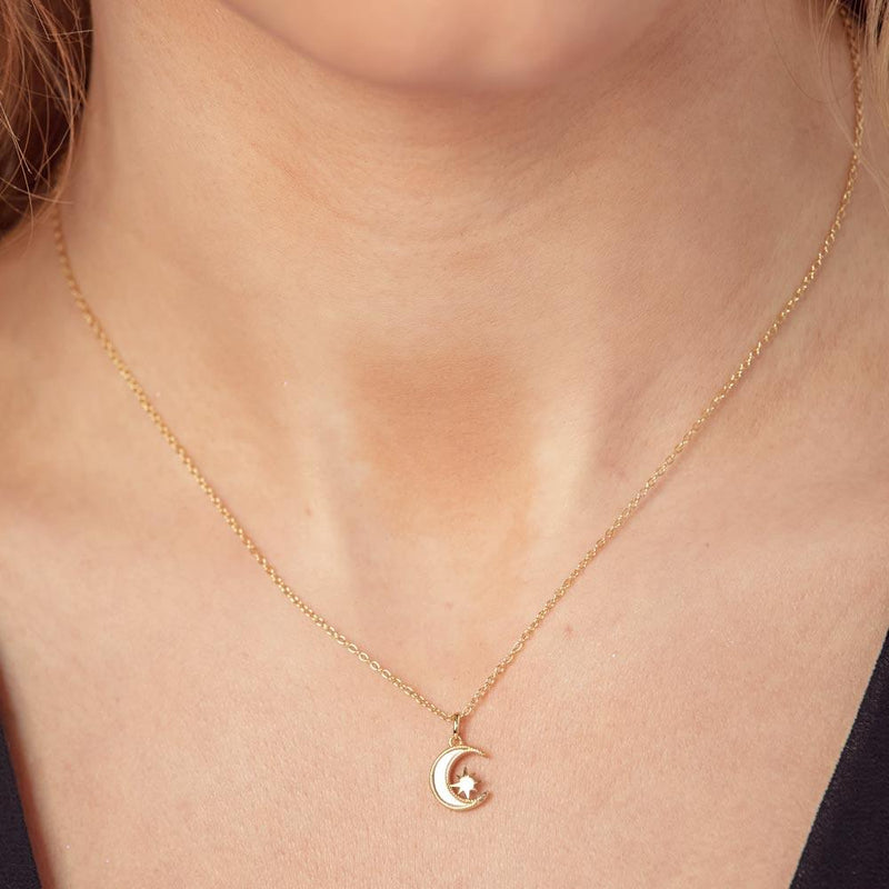Gold Plated 925 Sterling Silver CZ Synthetic Mother of Pearl Star and Crescent Moon Necklace - STP01773GP