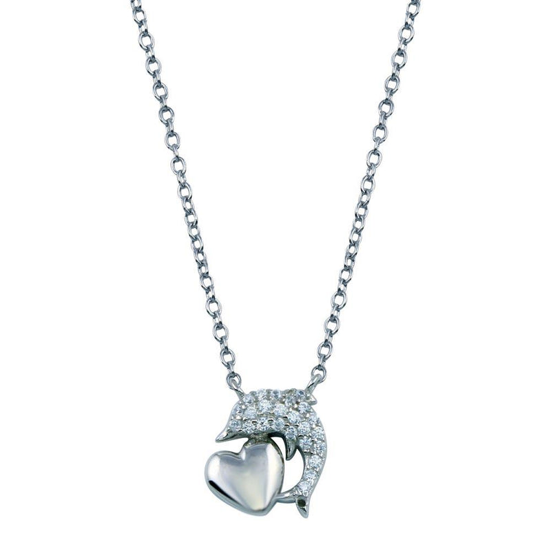 Rhodium Plated 925 Sterling Silver CZ Dolphin Necklace With Heart - STP01778 | Silver Palace Inc.