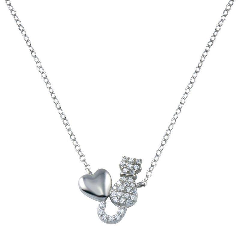 Rhodium Plated 925 Sterling Silver Cat Heart Necklace - STP01780 | Silver Palace Inc.