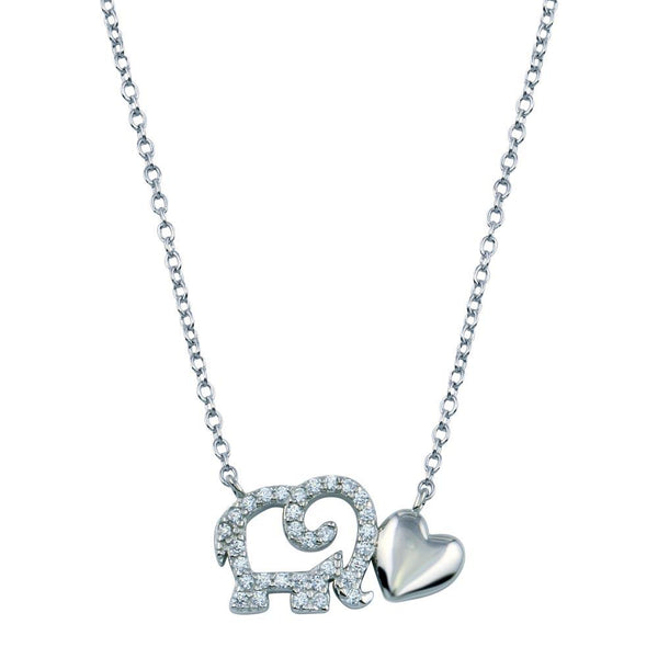 Rhodium Plated 925 Sterling Silver Outline CZ Elephant With Heart Necklace - STP01783 | Silver Palace Inc.