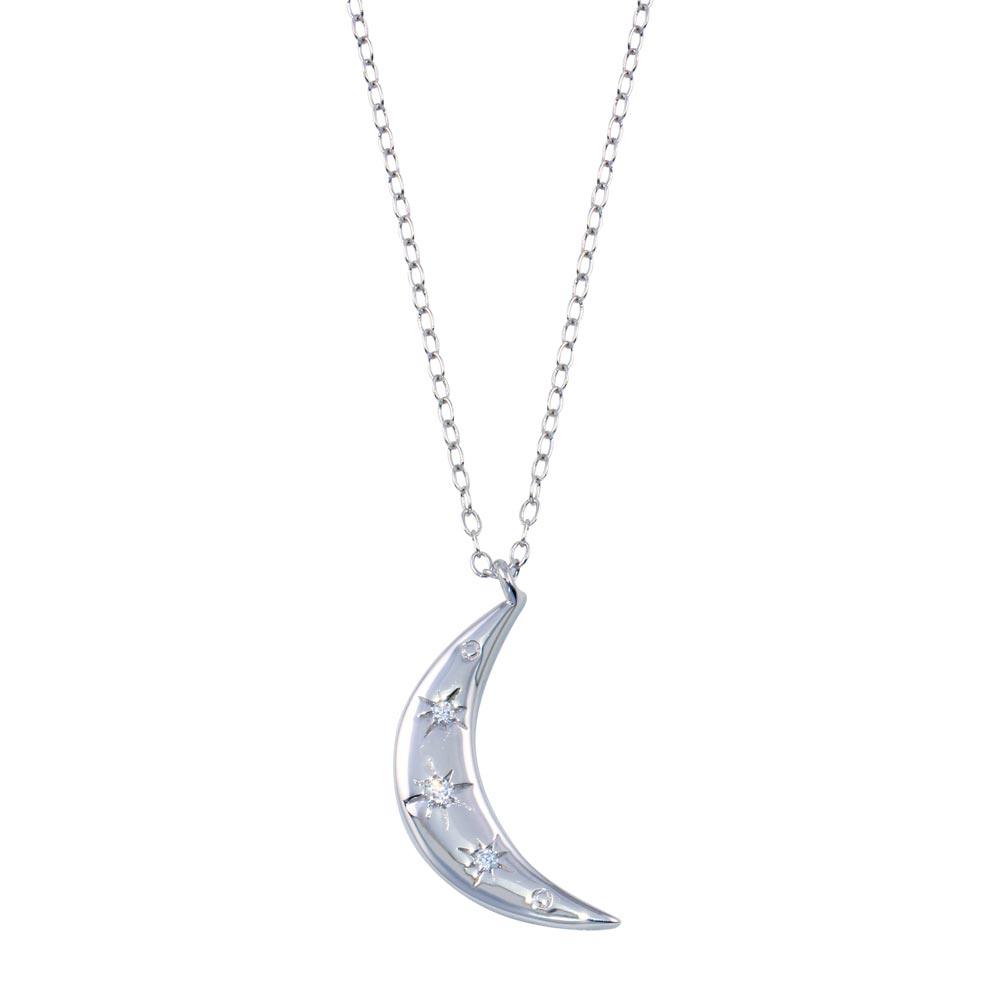 Rhodium Plated 925 Sterling Silver Moon CZ Necklace - STP01792 | Silver Palace Inc.