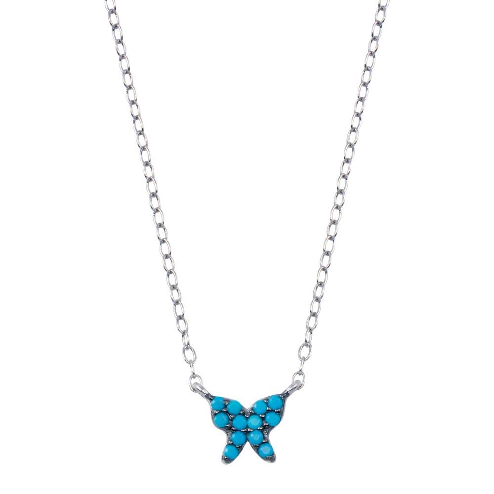 Rhodium Plated 925 Sterling Silver Turquoise Butterfly Necklace - STP01796 | Silver Palace Inc.