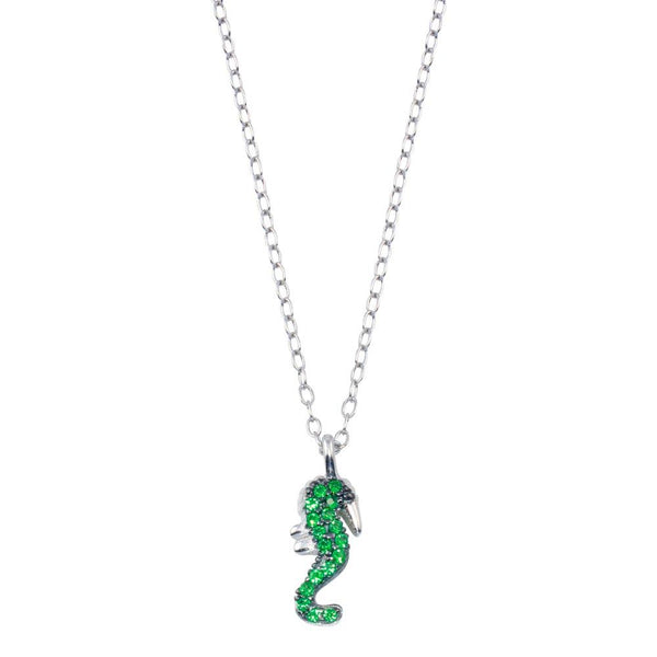Rhodium Plated 925 Sterling Silver Green Seahorse Necklace  - STP01797 | Silver Palace Inc.