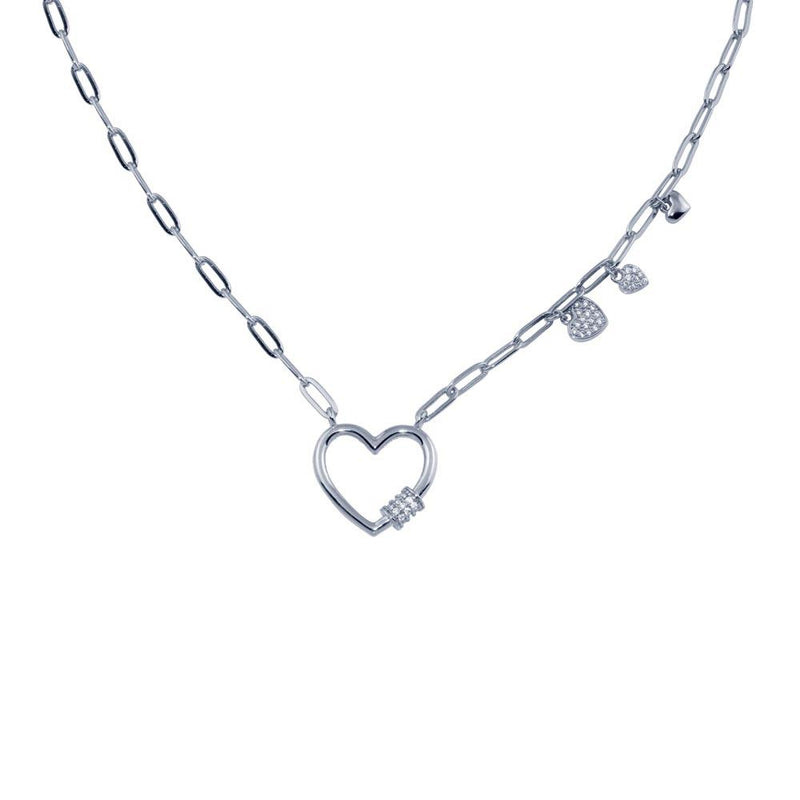 Rhodium Plated 925 Sterling Silver Heart CZ  Paperclip Necklace - STP01802RH | Silver Palace Inc.