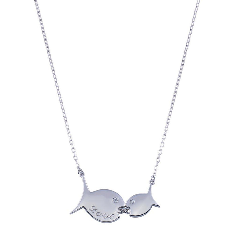 Rhodium Plated 925 Sterling Silver 2 CZ Fish Necklace - STP01809 | Silver Palace Inc.