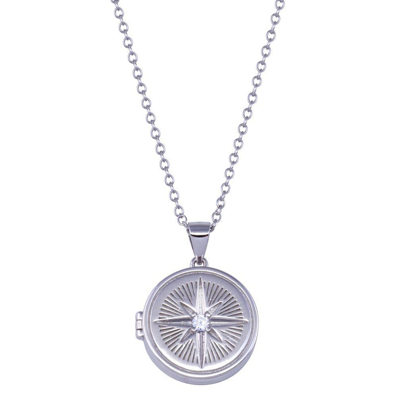 Rhodium Plated 925 Sterling Silver Northstar Locket Clear CZ Necklace - STP01820 | Silver Palace Inc.