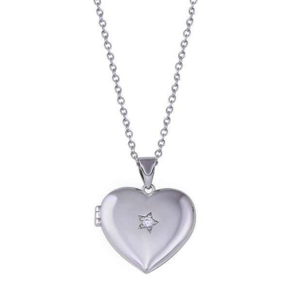Rhodium Plated 925 Sterling Silver Heart Locket Star Clear CZ Necklace - STP01821 | Silver Palace Inc.