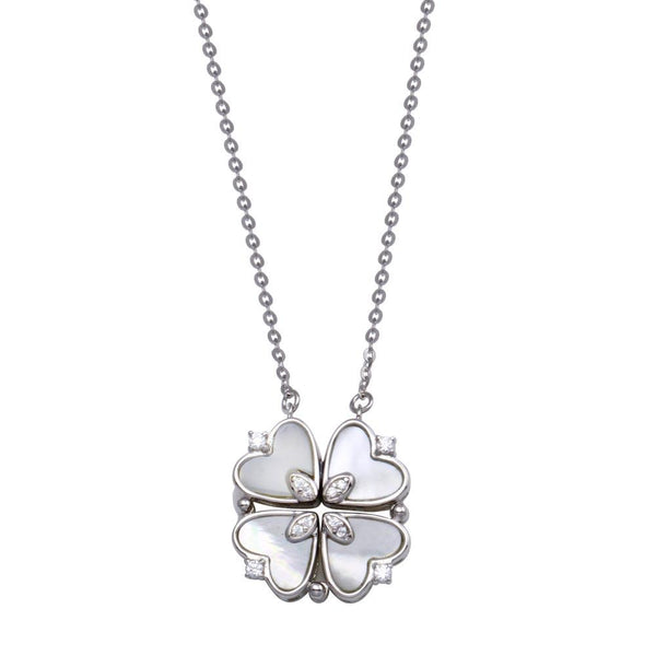 Silver 925 Rhodium Plated CZ MOP Magnetic Flower Heart Necklace - STP01826 | Silver Palace Inc.