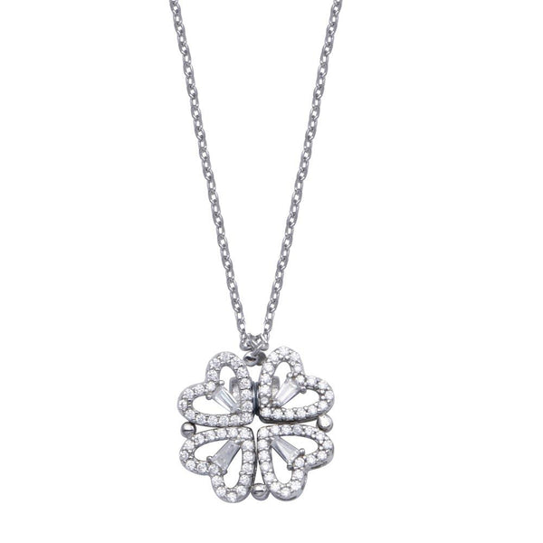 Rhodium Plated 925 Sterling Silver CZ Open Magnetic Flower Heart Necklace - STP01827 | Silver Palace Inc.