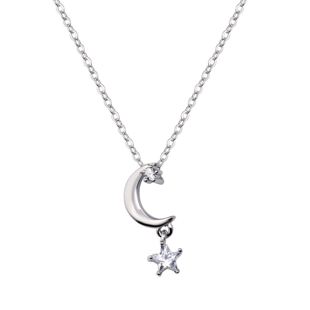 Rhodium Plated 925 Sterling Silver Moon and Clear CZ Star Pendant Adjustable Necklace - STP01833 | Silver Palace Inc.