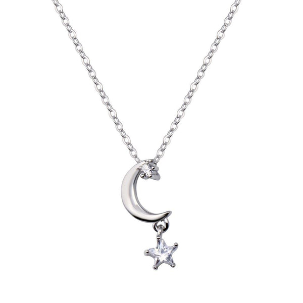 Rhodium Plated 925 Sterling Silver Moon and Clear CZ Star Pendant Adjustable Necklace - STP01833 | Silver Palace Inc.