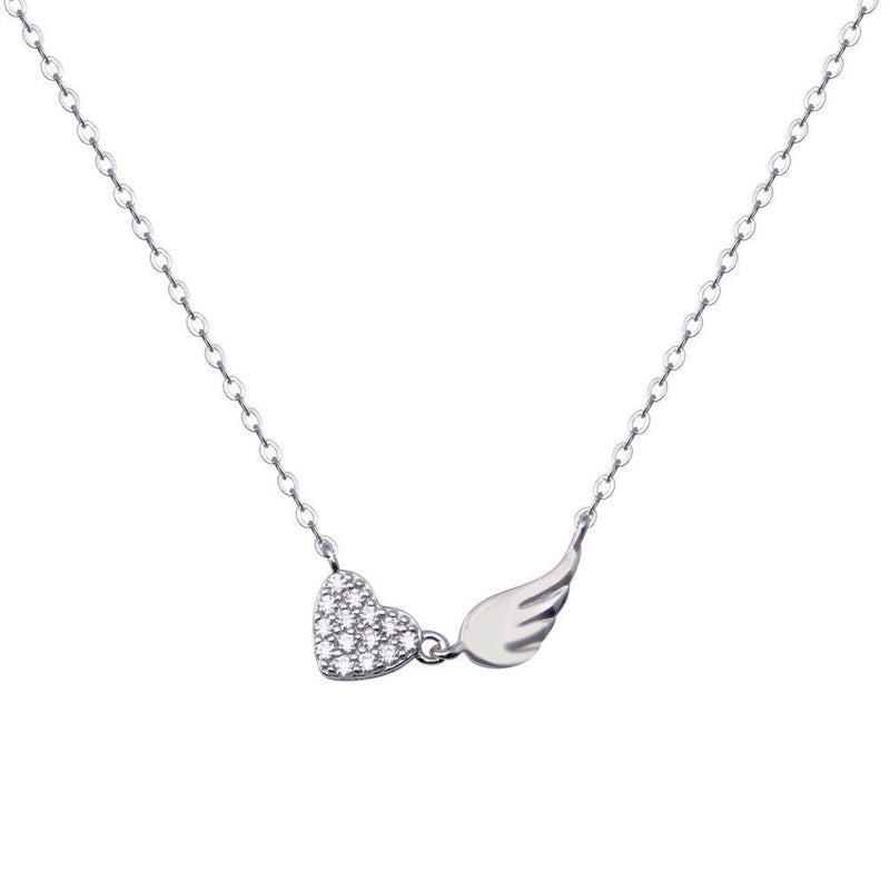 Rhodium Plated 925 Sterling Silver Wing Heart Clear CZ Adjustable Necklace - STP01834 | Silver Palace Inc.