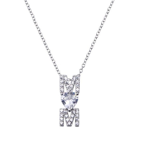 Rhodium Plated 925 Sterling Silver Mom Heart Clear CZ Adjustable Necklace - STP01836 | Silver Palace Inc.