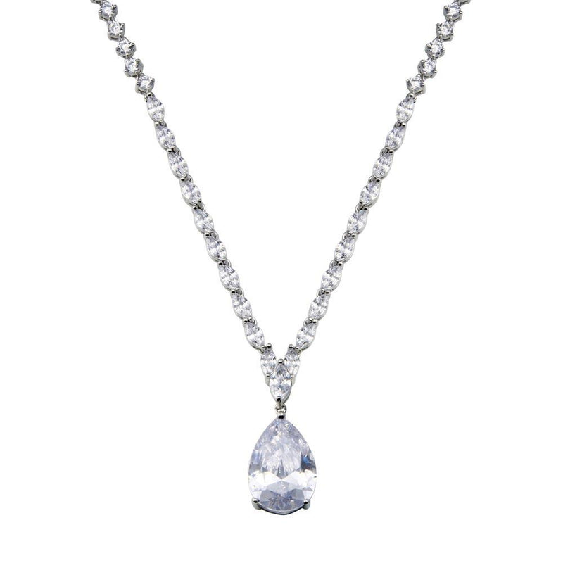 Rhodium Plated 925 Sterling Silver Teardrop Round and Oval Clear CZ Tennis Necklace - STP01837 | Silver Palace Inc.