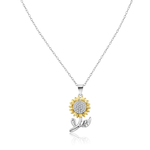 Rhodium Plated 925 Sterling Silver 2 Tone Sunflower CZ Pendant - STP01843 | Silver Palace Inc.