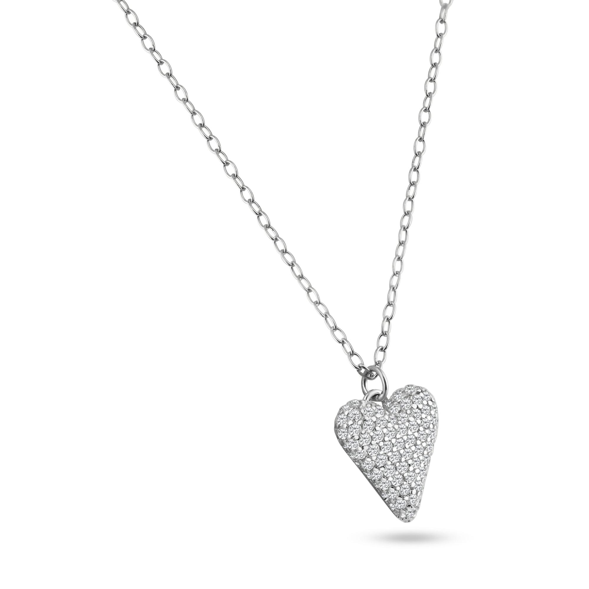 Rhodium Plated 925 Sterling Silver Heart Clear CZ Necklace - STP01844 | Silver Palace Inc.