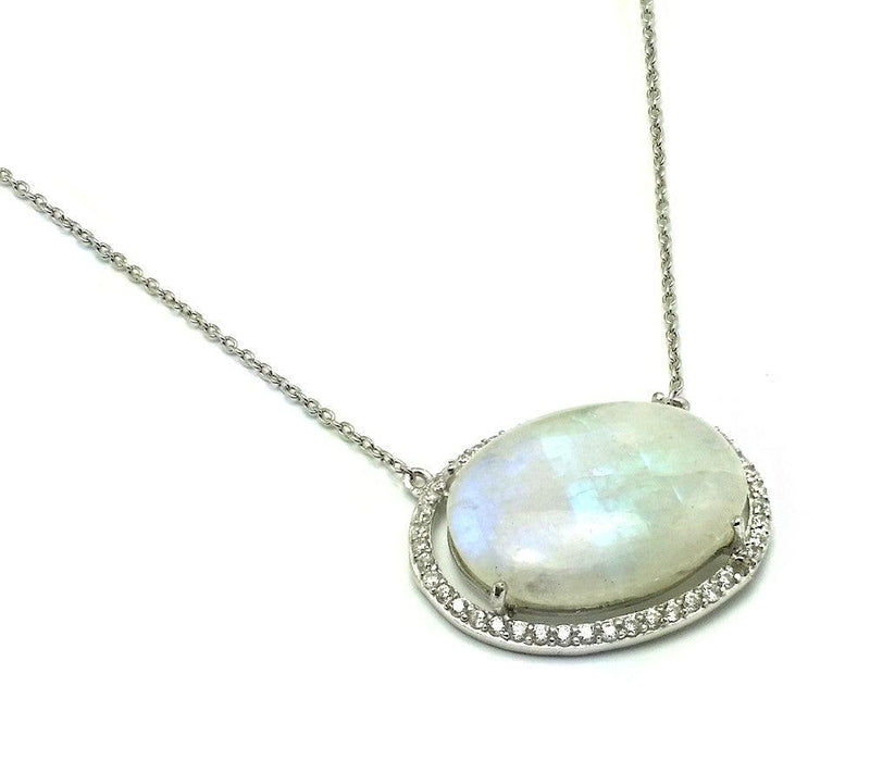 Silver 925 Rhodium Plated Oval Opal Pendant Necklace - STP01427MO | Silver Palace Inc.