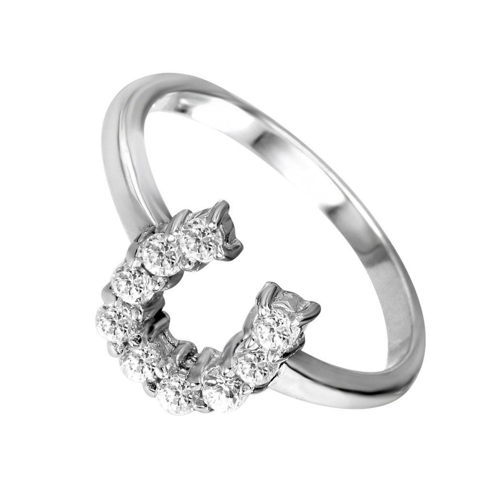 Silver 925 Rhodium Plated Lucky Horseshoe CZ Ring - STR00022 | Silver Palace Inc.