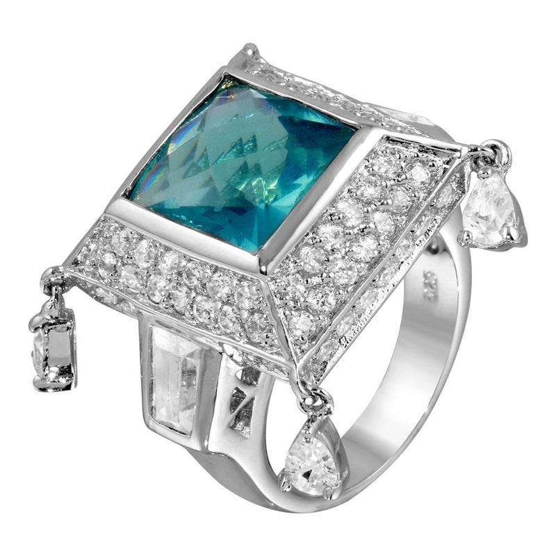 Closeout-Silver 925 Rhodium Plated CZ Encrusted Semi Pyramid Blue Center Stone Ring - STR00059 | Silver Palace Inc.