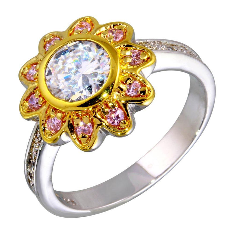 Closeout-Silver 925 2 Toned Clear and Pink CZ Flower Ring - STR00103 | Silver Palace Inc.