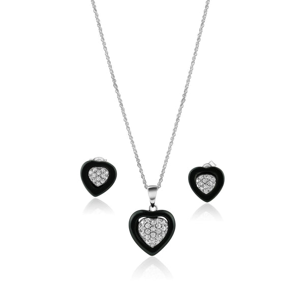 Closeout-Rhodium Plated 925 Sterling Silver Heart Clear CZ Inlay Black Onyx Stud Set - STS00108 | Silver Palace Inc.