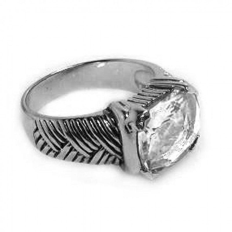 Closeout-Silver 925 Rhodium Plated Clear CZ Center Striped Ring - STR00202CLR | Silver Palace Inc.