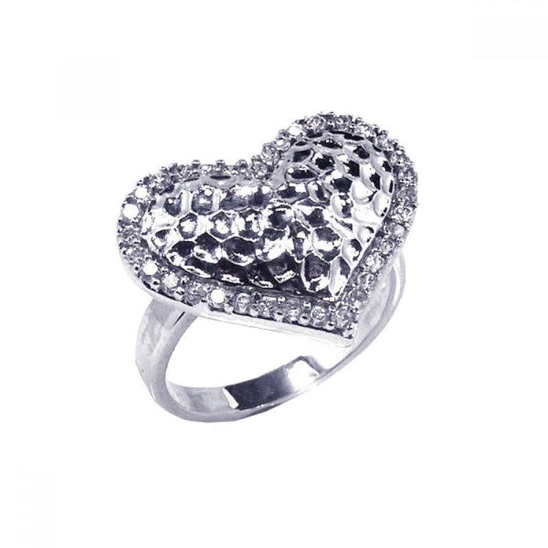 Closeout-Silver 925 Rhodium Plated Clear CZ Textured Heart Ring - STR00341 | Silver Palace Inc.