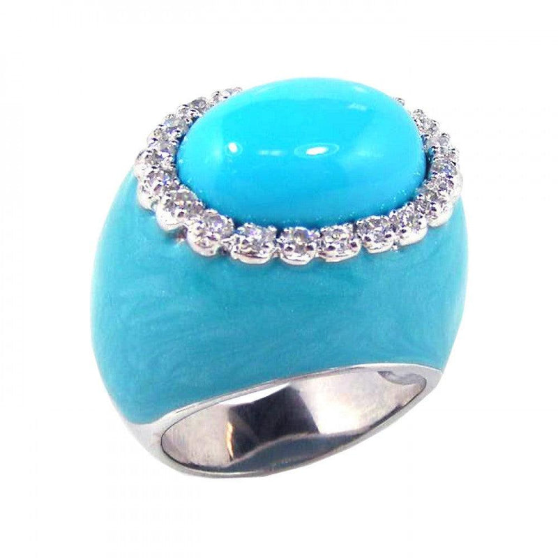 Closeout-Silver 925 Rhodium Plated Blue Enamel Clear CZ Dome Ring - STR00375 | Silver Palace Inc.