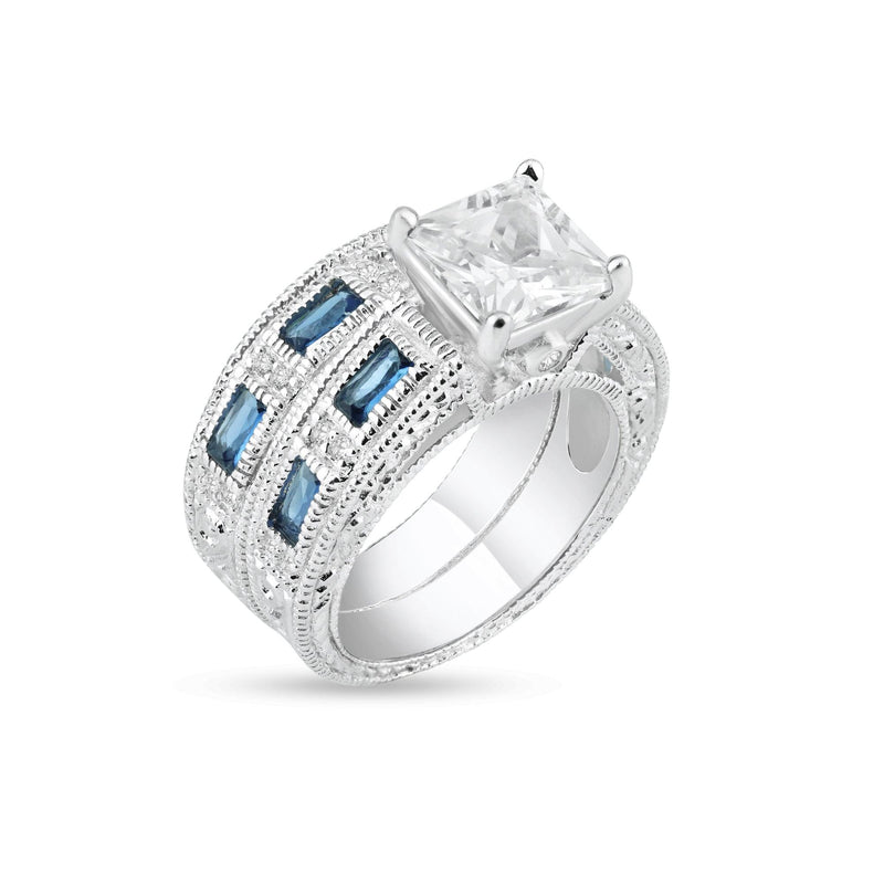 Silver 925 Rhodium Plated Blue Baguette and Clear CZ Ornate Ring - STR00482