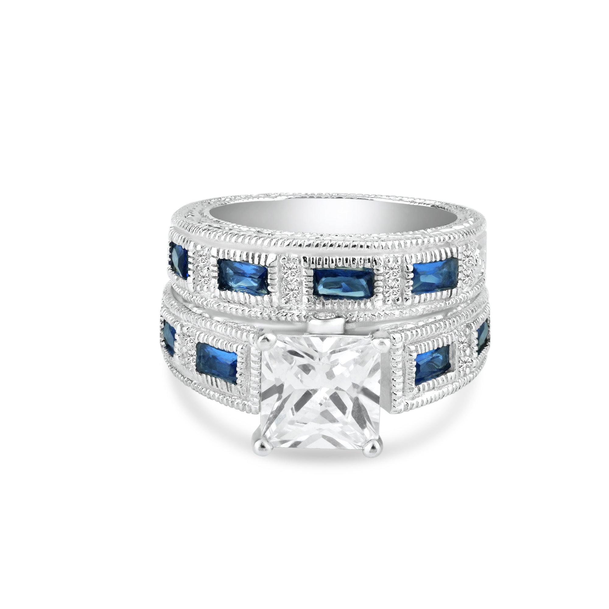 Silver 925 Rhodium Plated Blue Baguette and Clear CZ Ornate Ring - STR00482 | Silver Palace Inc.