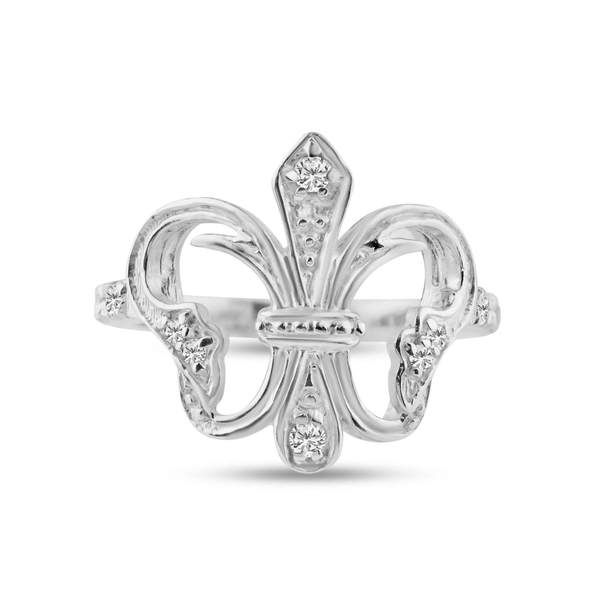 Silver 925 Rhodium Plated CZ Fleur De Lis Ring - STR00529 | Silver Palace Inc.
