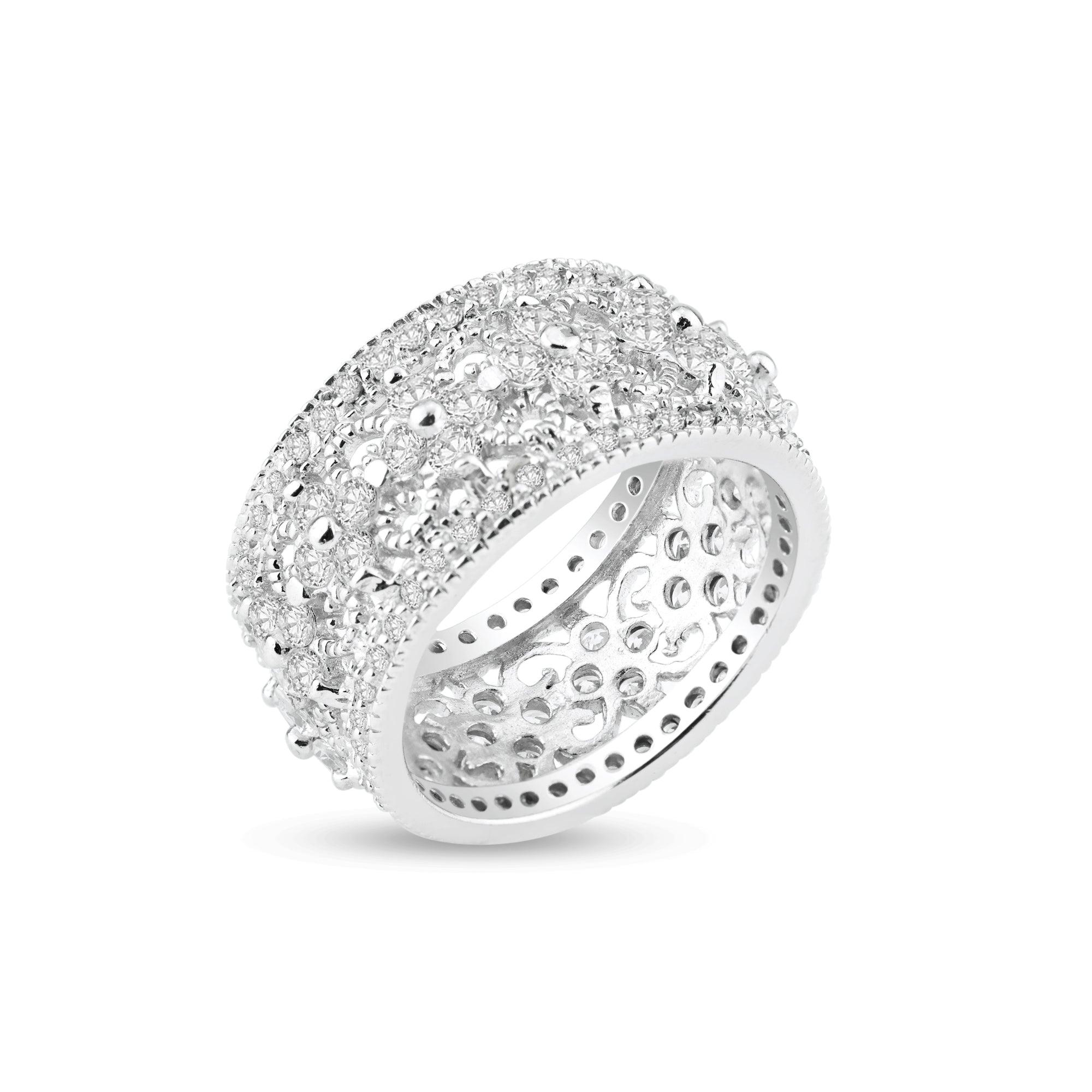 Silver 925 Rhodium Plated CZ Orante Flower Eternity Ring - STR00538