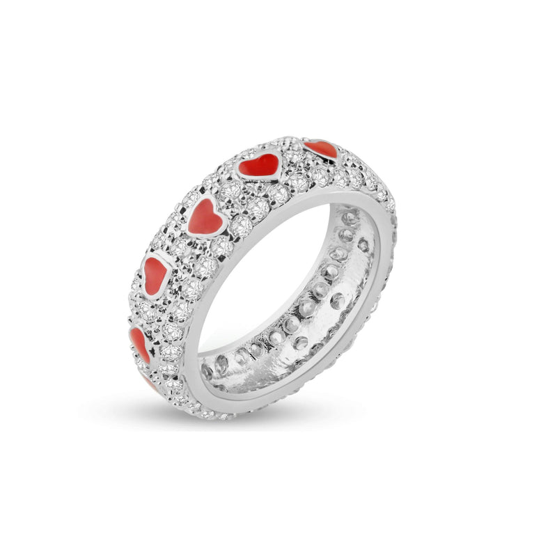 Silver 925 Rhodium Plated Red Enamel Heart Pave Set CZ Eternity Ring - STR00549 | Silver Palace Inc.