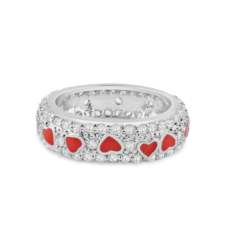 Silver 925 Rhodium Plated Red Enamel Heart Pave Set CZ Eternity Ring - STR00549