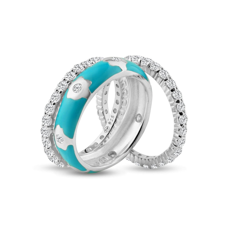 Silver 925 Rhodium Plated Blue Enamel CZ Flower Stackable Ring Set - STR00553 | Silver Palace Inc.